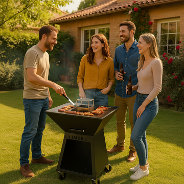 Barbecue plancha brasero IMOR Brasafina avec plaque inox AISI 304L de 72 x 72 cm pour cuisiner au bois ou au charbon dans le jardin.