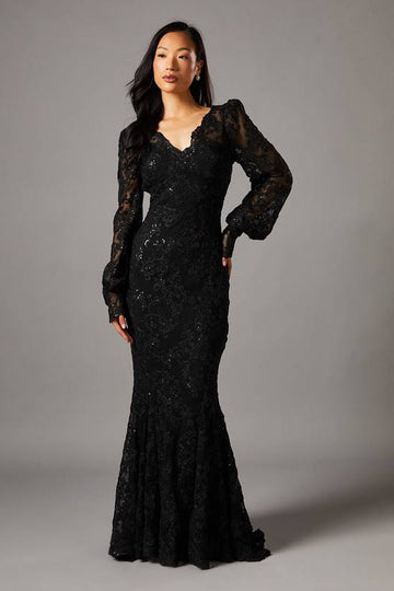 Black Coast V Neck Lace Long Sleeve Maxi Dress