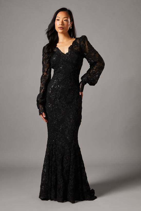 Black Coast V Neck Lace Long Sleeve Maxi Dress