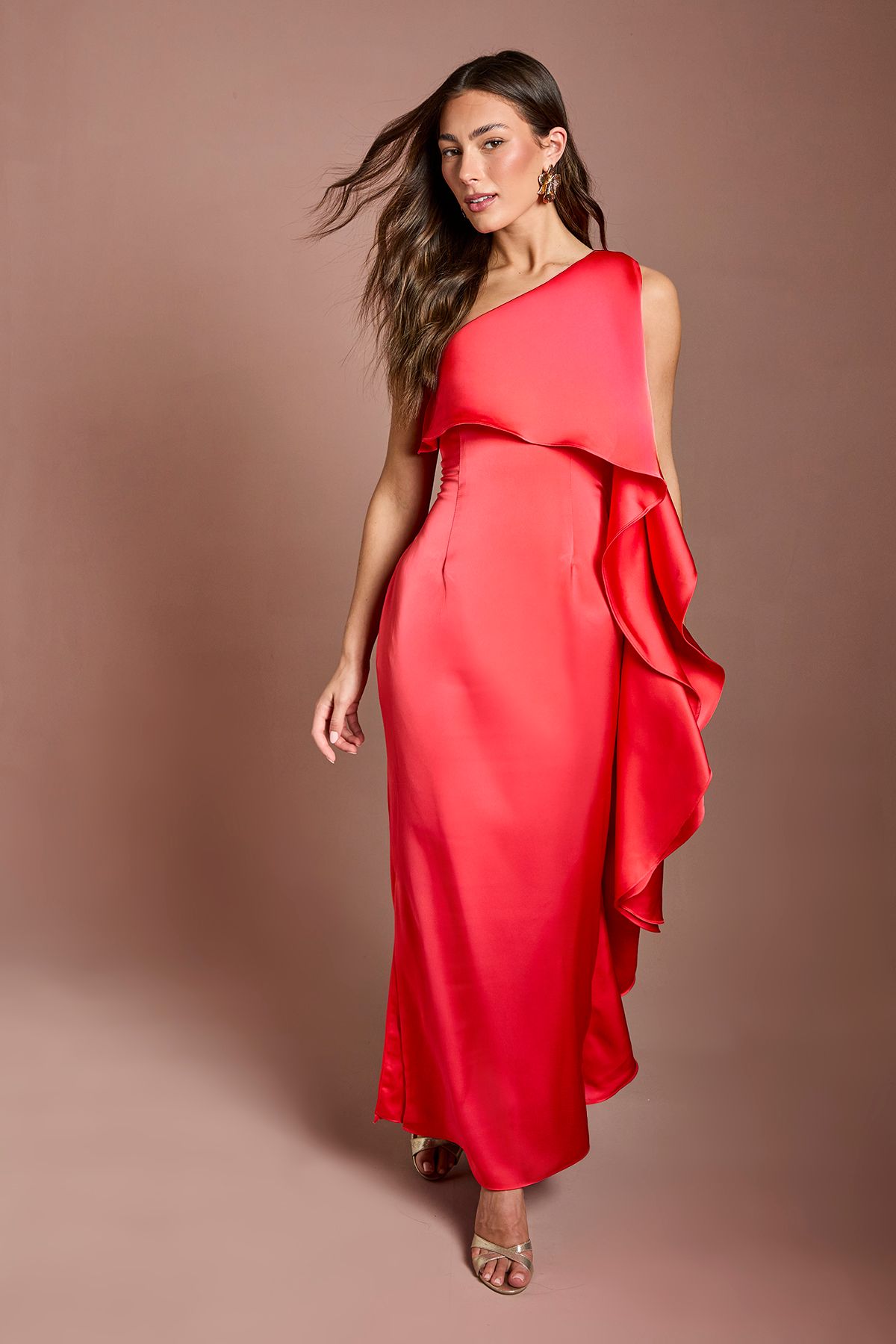 Women's Waterfall One Shoulder Satin Maxi Dress, Coral