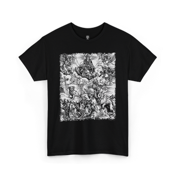 Black t-shirt with a monochrome graphic print depicting a seven-headed creature, reminiscent of a medieval woodcut illustration.