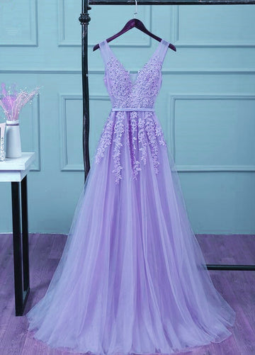 Beautiful Light Purple Tulle Long Party Gown, A-Line V-Neckline Classy Prom Dress