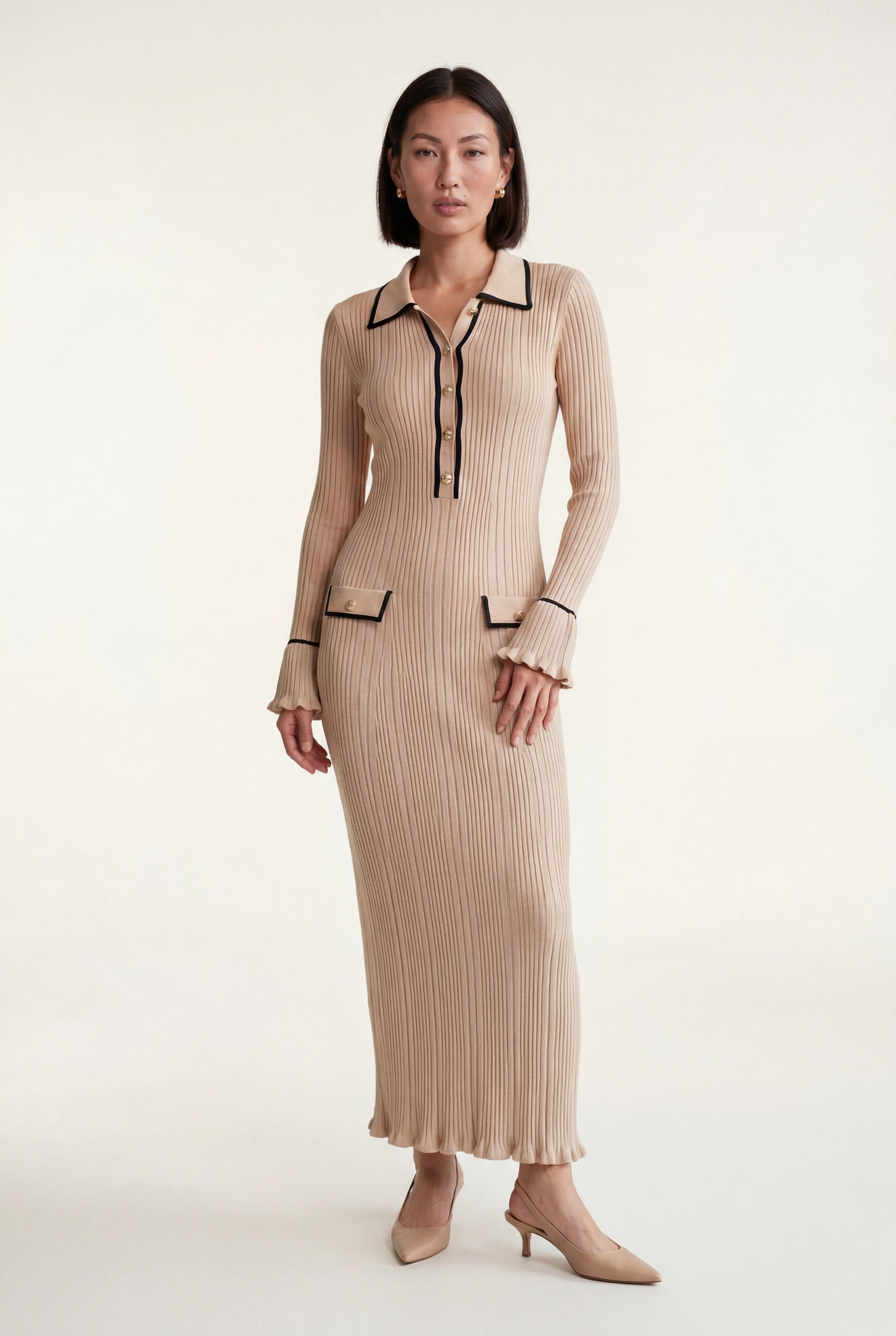 Beige Ribbed Collared Maxi Dress with Contrast Trim - Photo 1