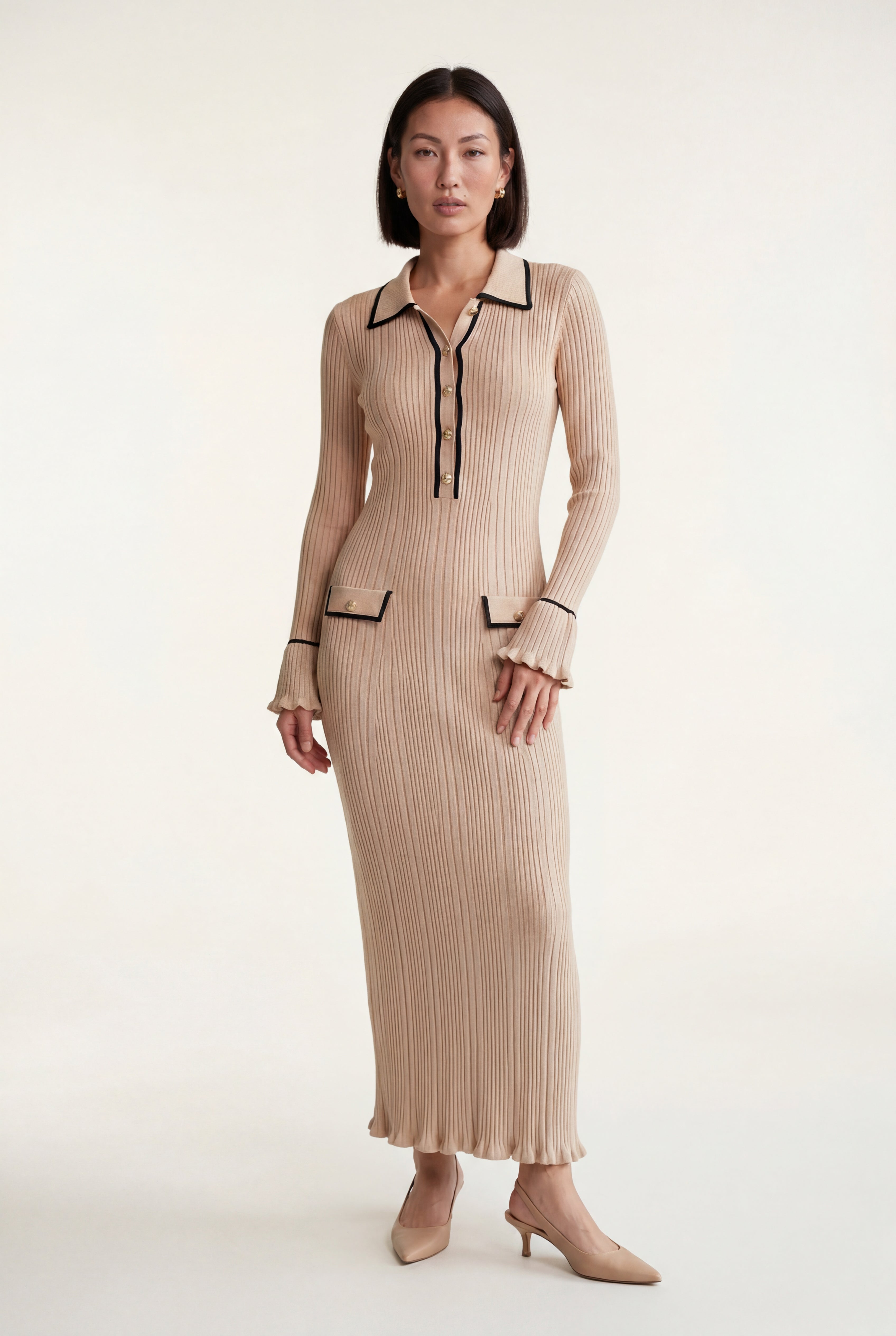Beige Ribbed Collared Maxi Dress with Contrast Trim - Photo 1