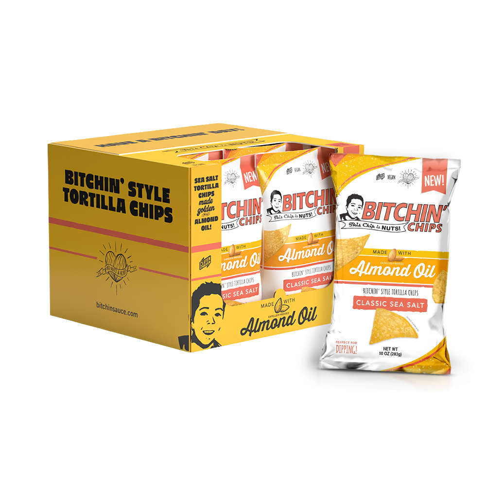Bitchin' Style Tortilla Chips packaging with yellow and white design on a white background