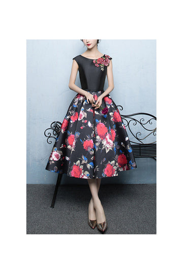 Black Tea Length Floral Printed Party Dress Sleeveless - $71.4816 #S1568
