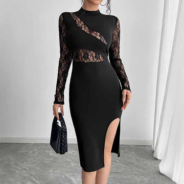 Black Irregular Cut Lace Slit Sexy Tight Dress 01 | Gthic.com