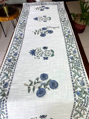 Blue Floral Jute Cotton Table Runner For 6 Seater Dining Table - Table Runner