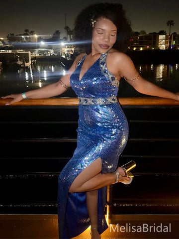 Sparkly Blue V-neck  Mermaid Long Formal Dress to Impress,MB11065