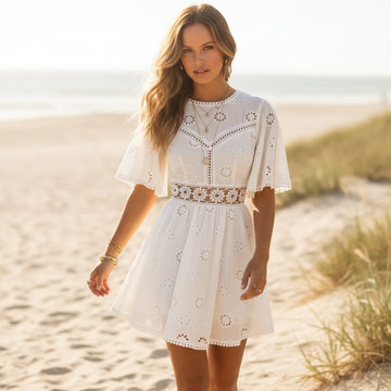 Boho Beach Hut boho dress, short sleeve dress, mini dress, white dress, hippie dress, floral dress, summer dress White / S Chic White Summer Dress