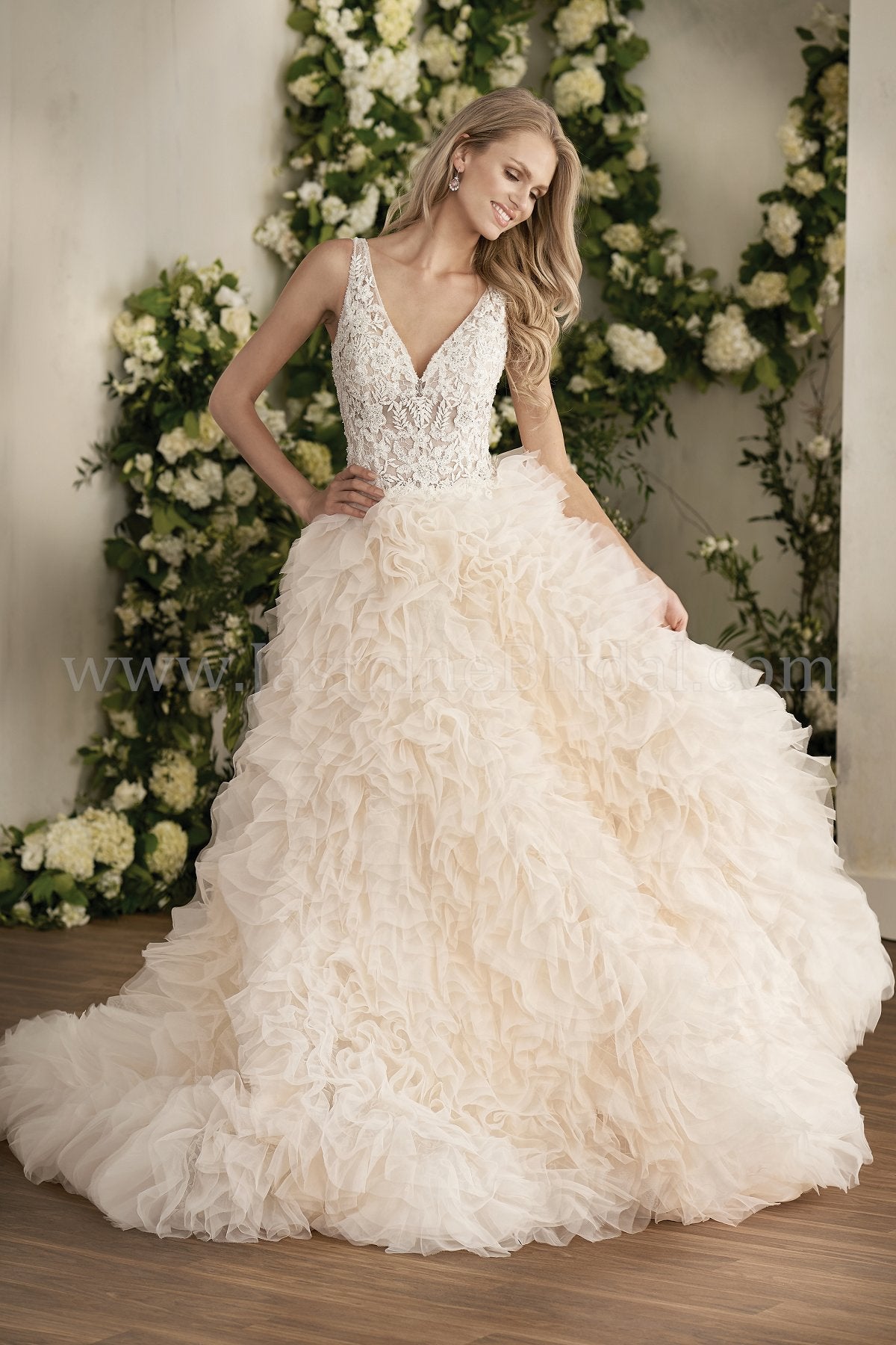 T202015 Illusion Bodice , V-neck Lace Ball Gown Wedding Dress with Ruffle Skirt