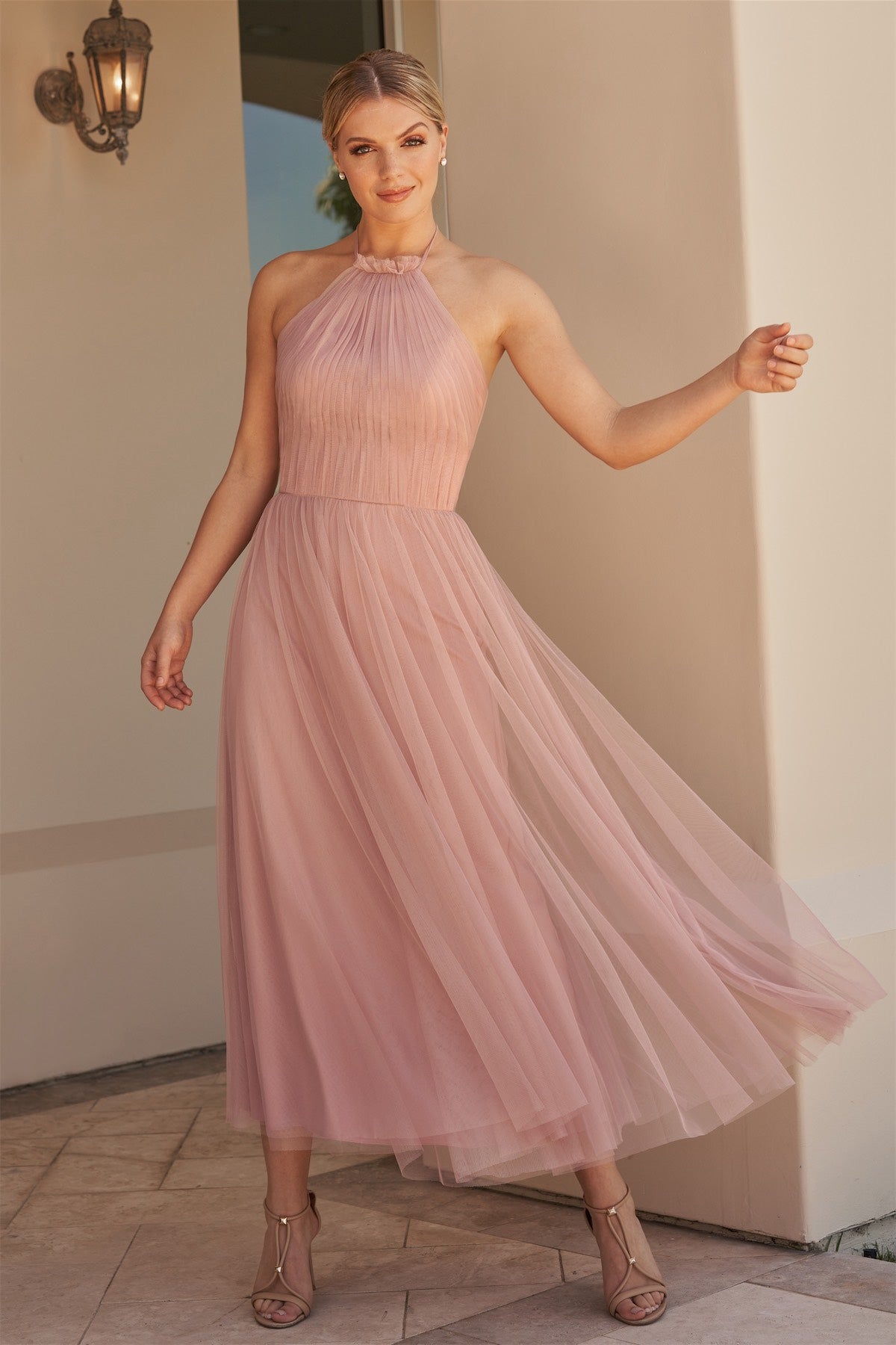 B253020 Charming Soft Tulle A-line Midi Length Gown with Ruched Ruffled Halter Neckline and Danity Back Bow