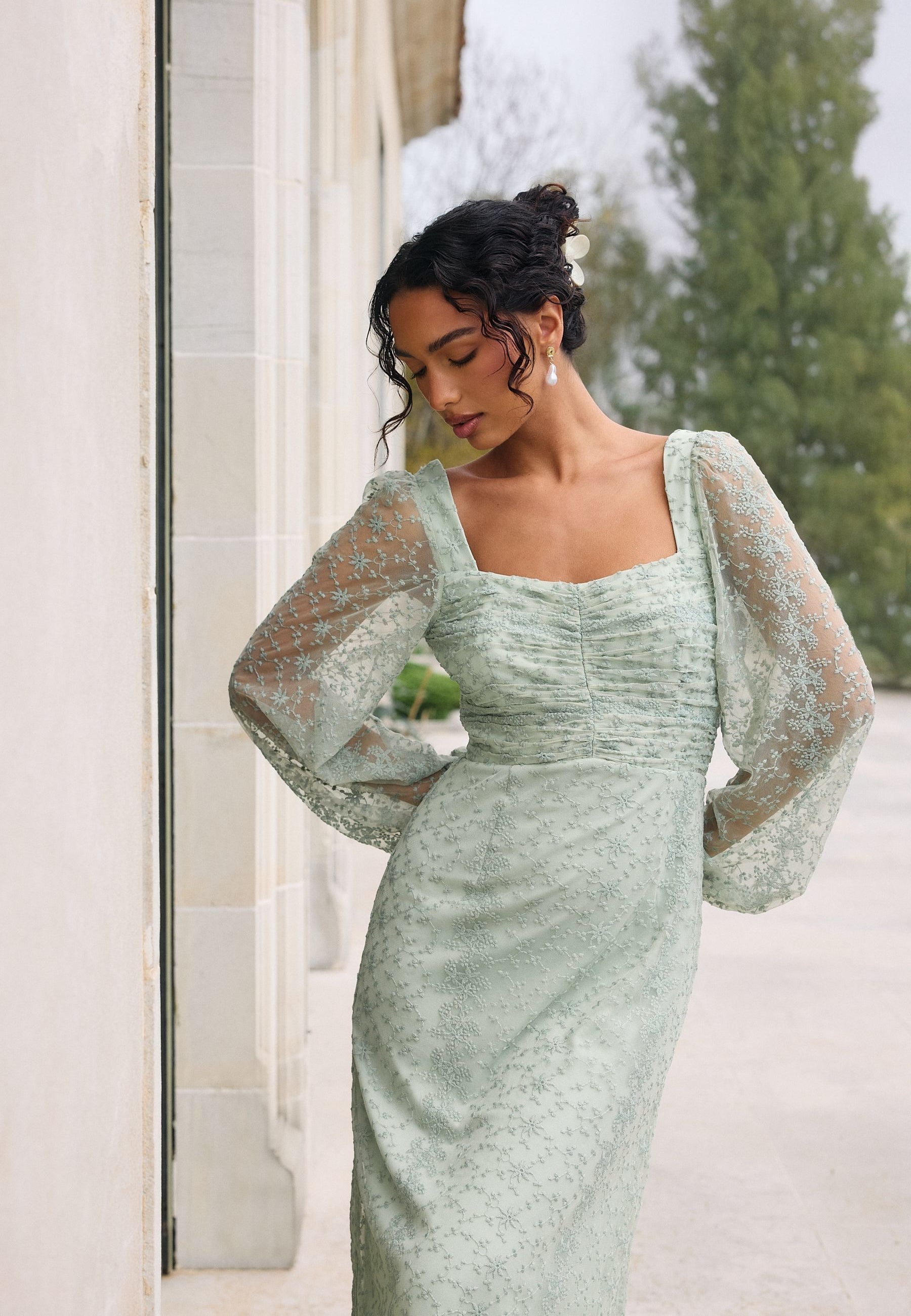 Ruched L/S Midi Dress