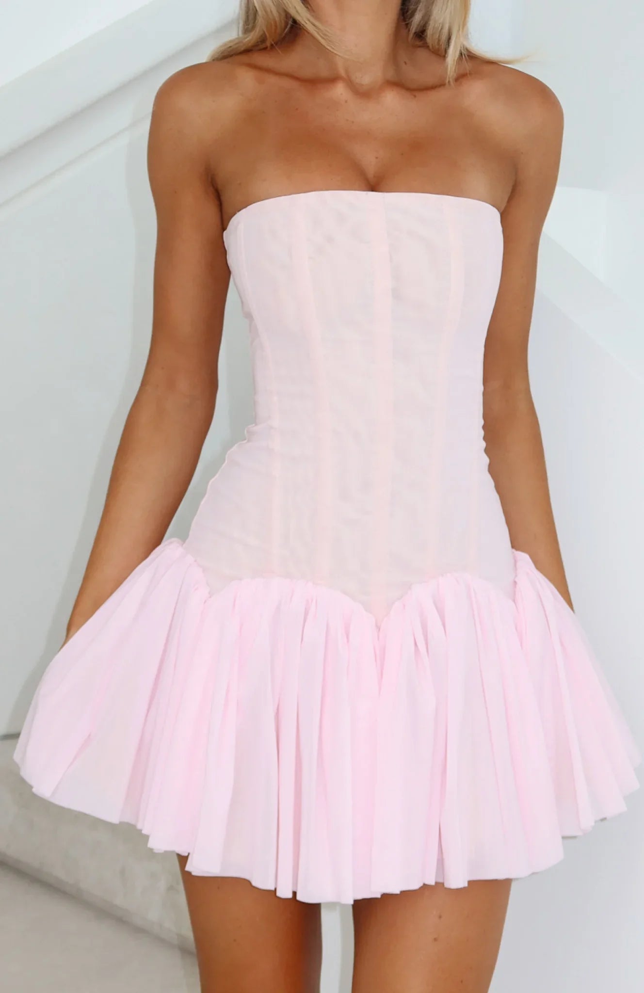 Following My Heart Strapless Mesh Mini Dress Baby Pink