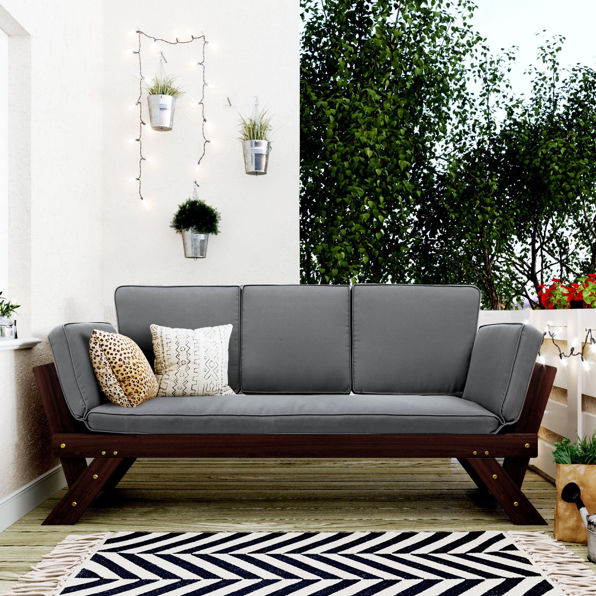 Outdoor Adjustable Patio Wooden Daybed Sofa Chaise Lounge with Cushions for Small Places, Brown Finish+Gray Cushion