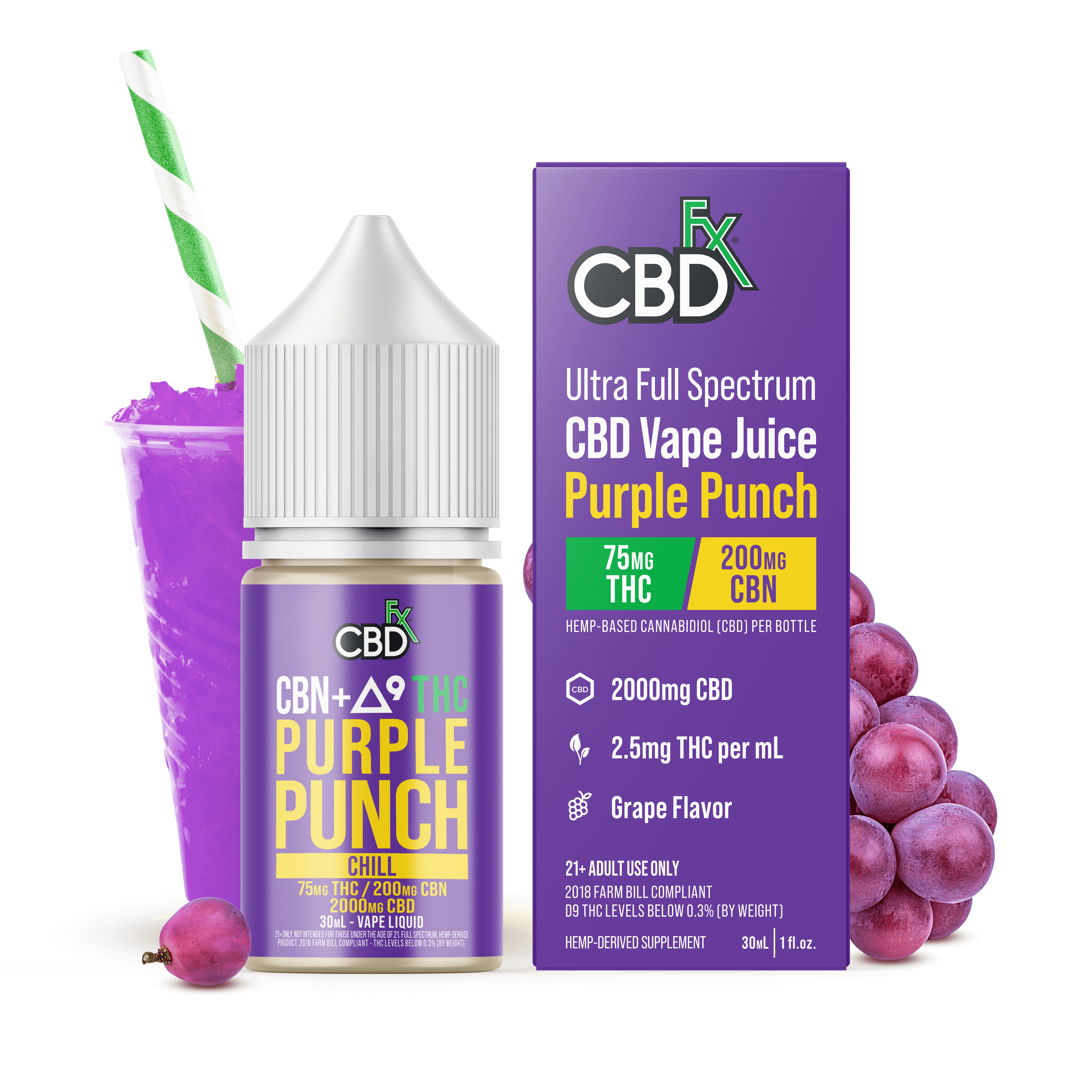 Full Spectrum CBD Vape Juice with CBN and THC flavored purple punch