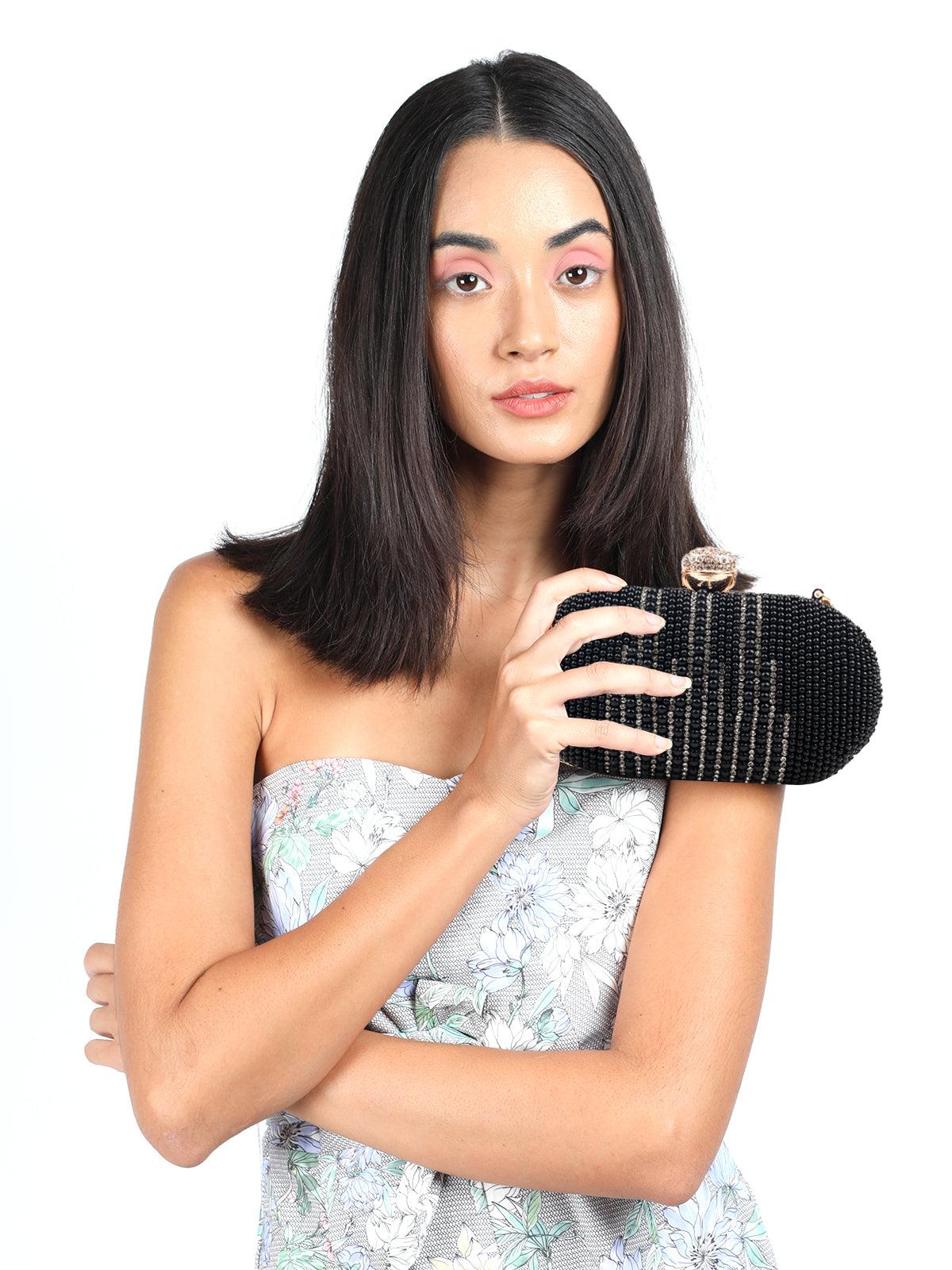 Chic Black Embroidered Clutch - Odette