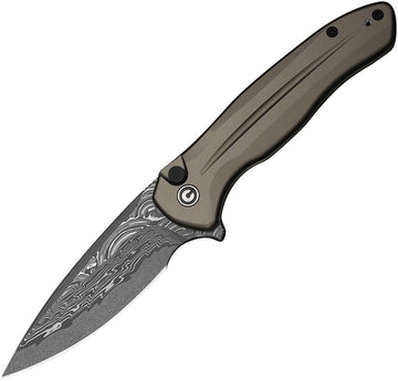 CIVIVI Knives Push Lock Kitefin Flipper Knife 3.22" Damascus Drop Point Blade, Brownish Gray Aluminum Handles, Reversible Clip - C24091 - DS1 - SRK KNIVES AND SPORTS INC