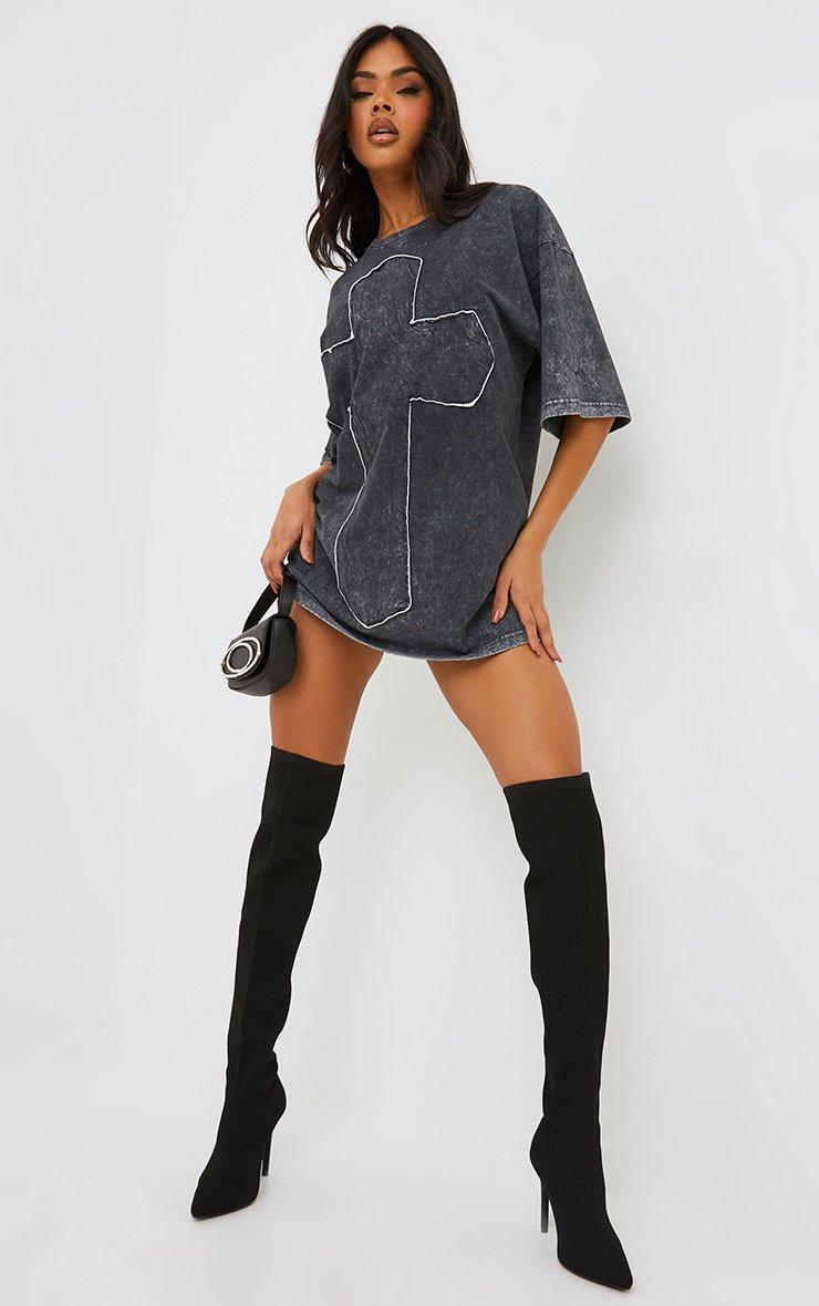 Cross Patch Detail Oversized T-Shirt Dress In Grey Acid Wash | EGO US