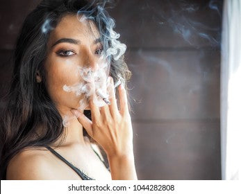 Close Portrait Beautiful Woman Smoking Cigarette Stock Photo 1044282808