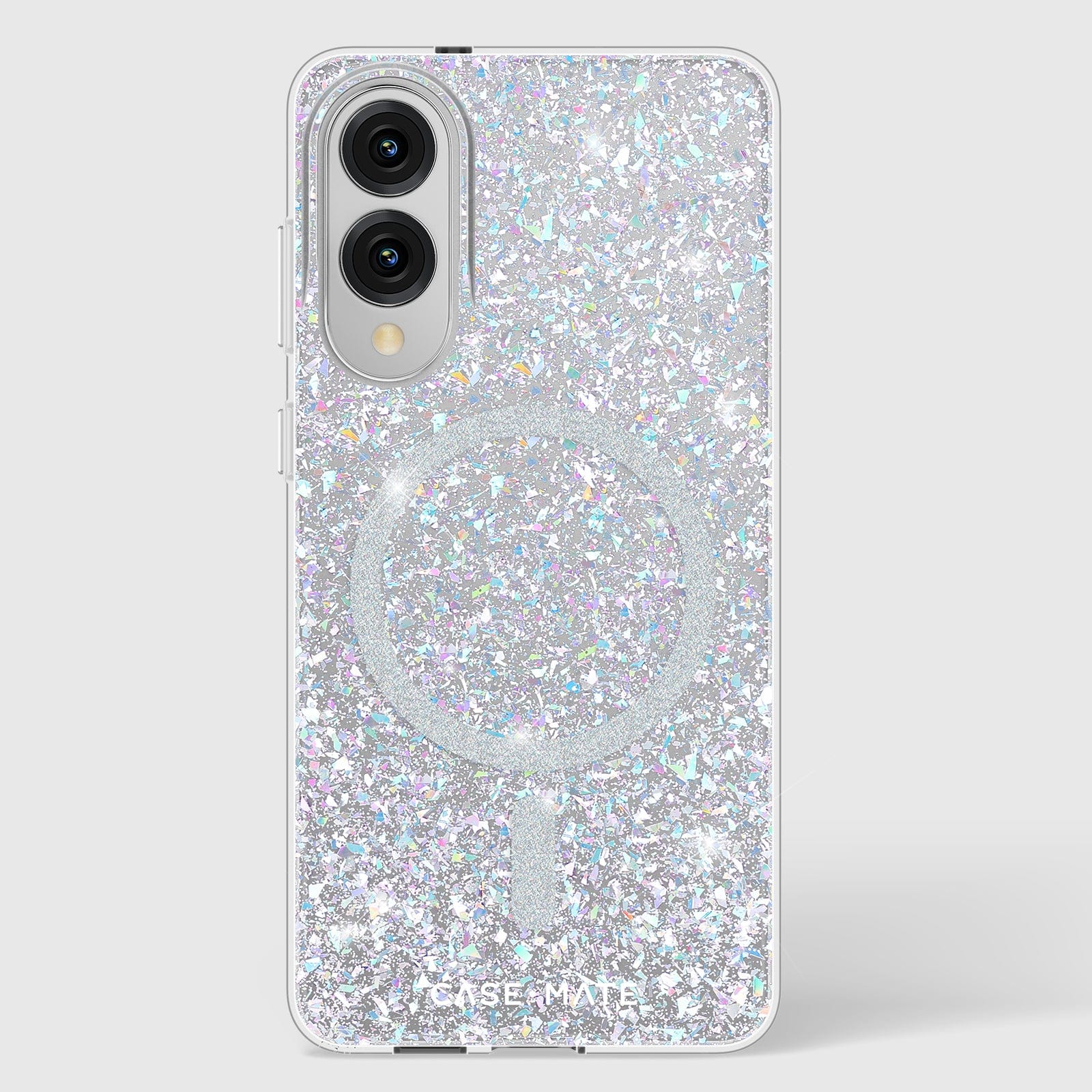 Clear Galaxy S25 Edge case with iridescent glitter fill and magnetic ring on back.