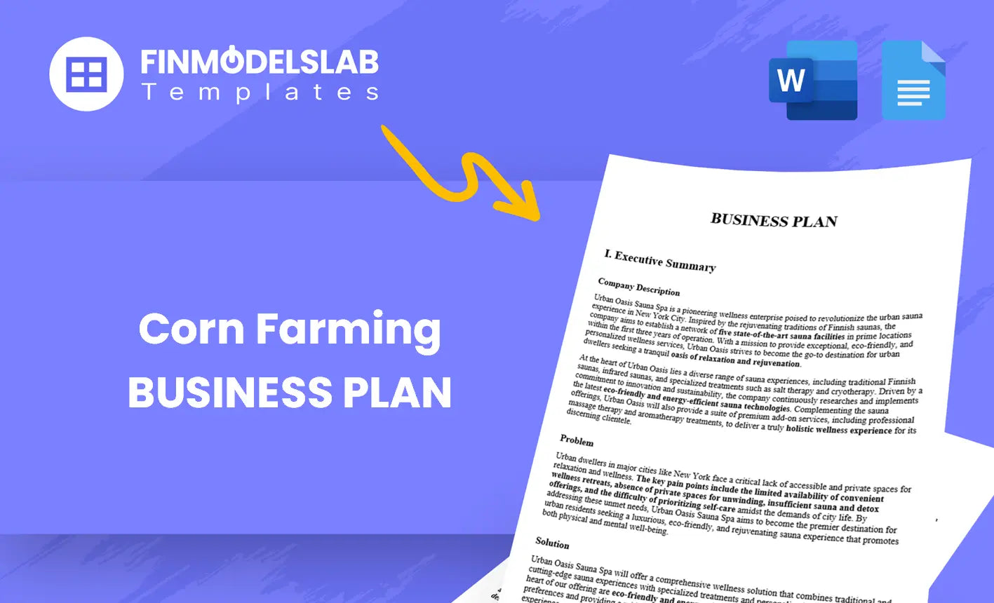 Corn Farming Business Plan cover template built for farmers and agri-entrepreneurs seeking lender or investor-ready plans; includes comprehensive structure, pre-written content, high-level forecasts; saves time and meets investor/lender standards.