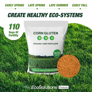 EcoSolutions Corn Gluten 9‑0‑0 organic turf fertilizer bag on lush lawn; 110 days of fertility, spring‑to‑fall schedule.