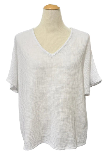 Cotton Lani Gauze Hi-Low Short Sleeve Button Back Top in White G227
