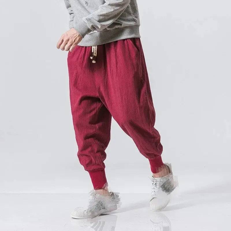 Cotton Pants Men Solid Elastic Waist Streetwear Joggers New Baggy Drop - crotch Pants Casual Trousers Men - Premium Pants for sale