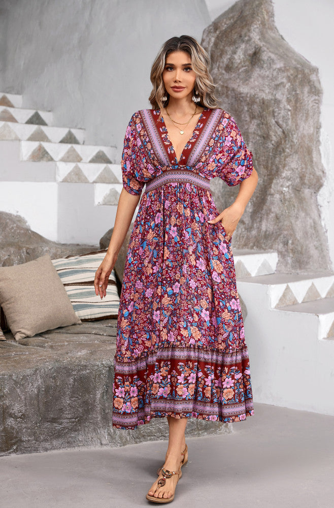 R.Vivimos Women's Summer Boho Floral Print Midi Dress Short Sleeve Deep V Neck Empire Waist