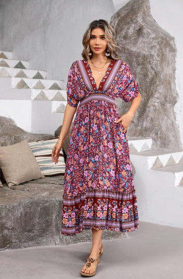 R.Vivimos Women's Summer Boho Floral Print Midi Dress Short Sleeve Deep V Neck Empire Waist