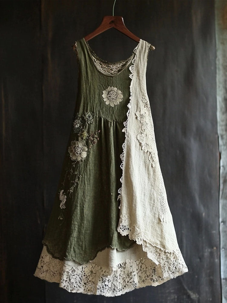 Vintage Floral Lace Patchwork Comfy Linen Tank Dress artswardrobe