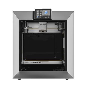 QIDI Plus4 3D printer with touchscreen, showing a 3D Benchy model on screen. Features a build volume of 305x305x280mm.