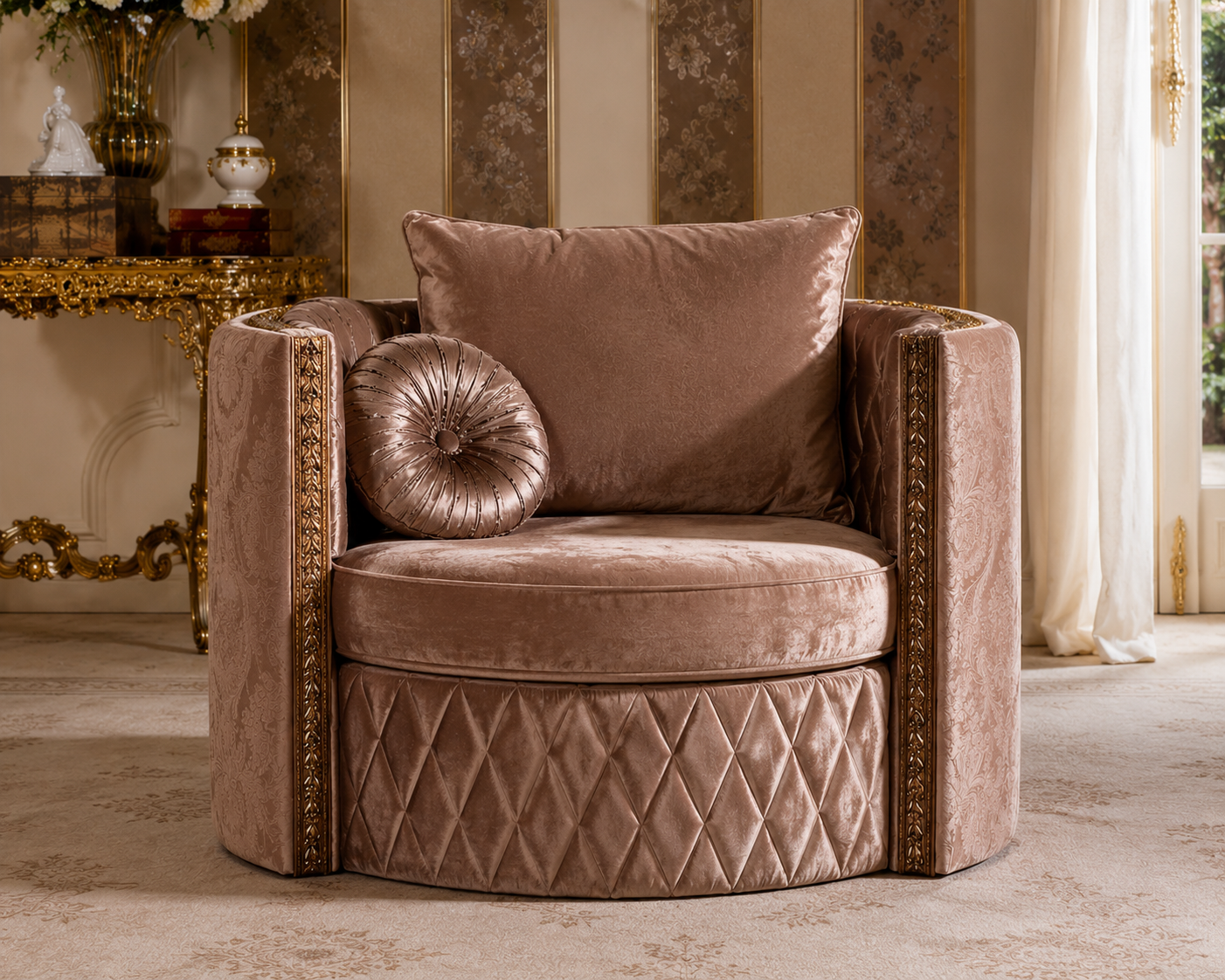 A luxurious upholstered armchair in a warm taupe velvet fabric, featuring a diamond-quilted base, flared arms with gold trim, a matching back cushion, and a round tufted accent pillow, set in an elegant room with gold-trimmed furniture and cream drapery.