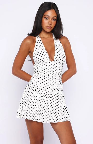 Whispered Dreams Halter Mini Dress White/Black Polka Dot