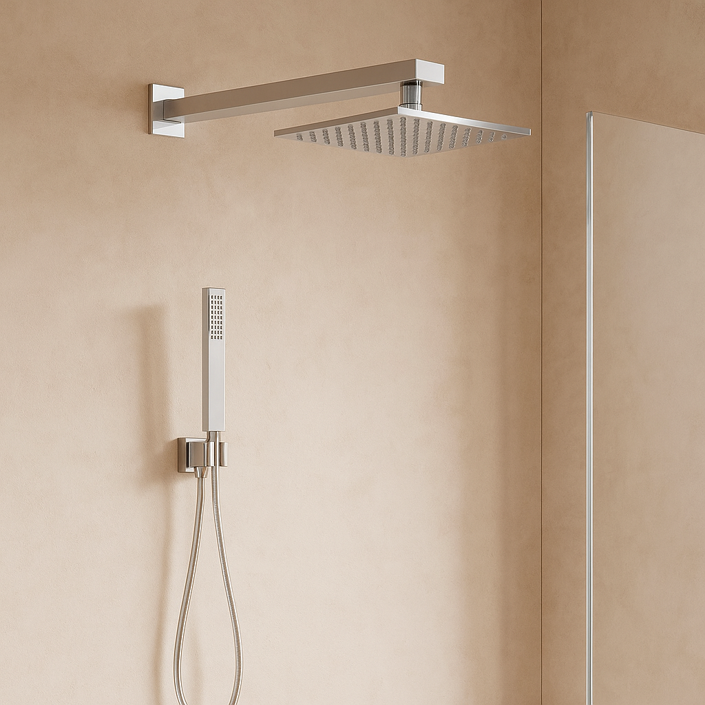 Set soffione doccia 30x30 quadro Smart braccio 30 cm e in cromato, vista frontale della maniglia e della bocca di...