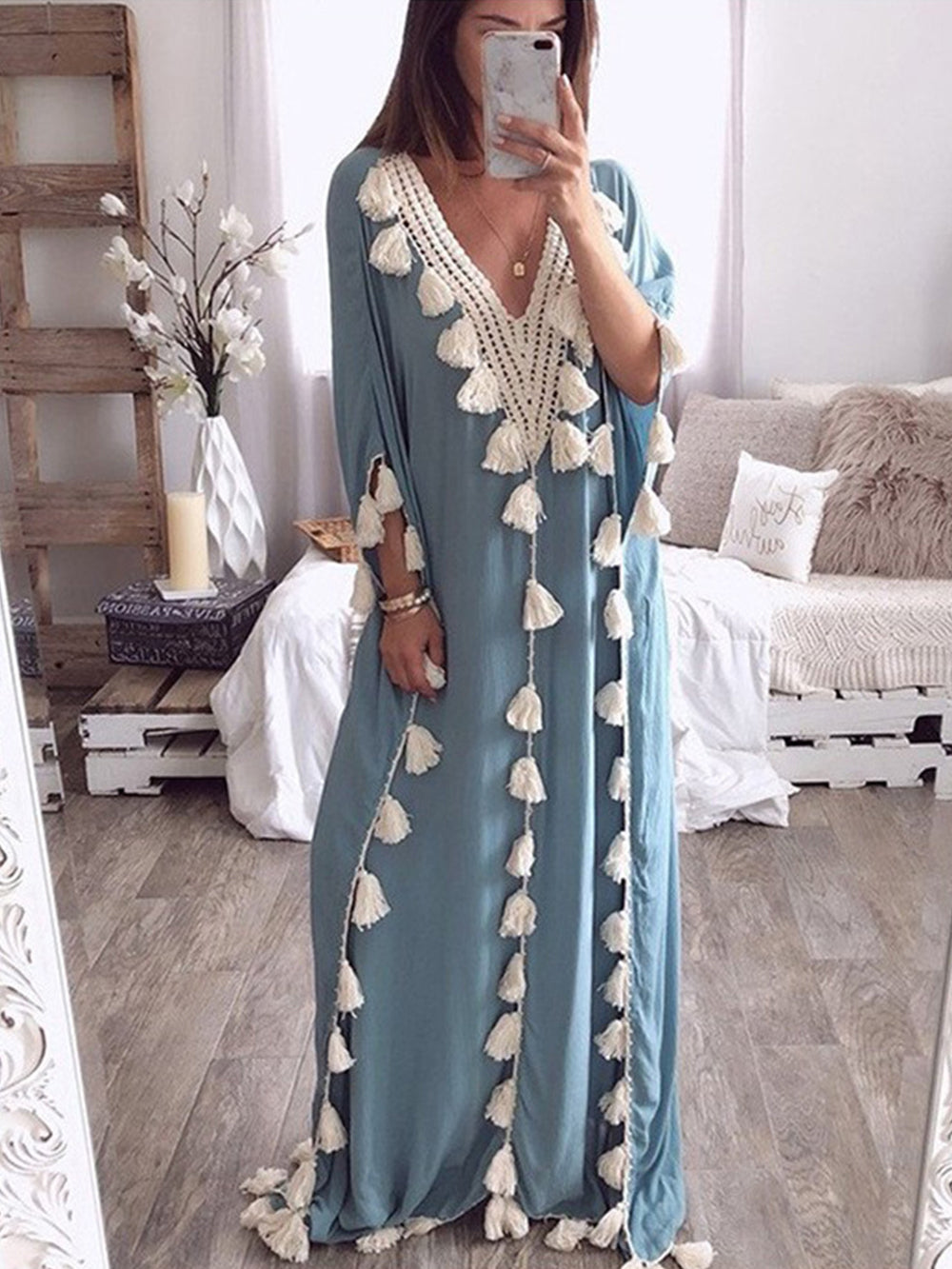 Fien | Maxi Kaftan Jurk met Kwastjes en Borduurdetail