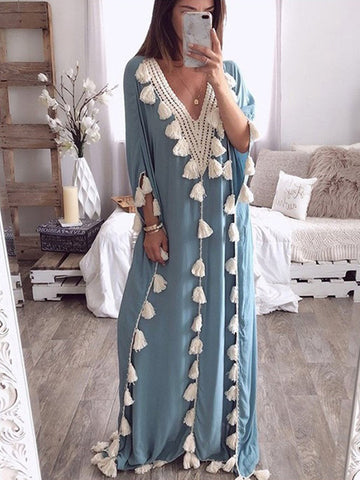 Fien | Maxi Kaftan Jurk met Kwastjes en Borduurdetail