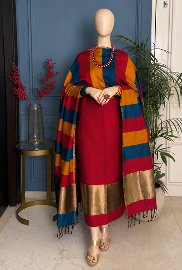 Pure Maheswari Silk Cotton Handwoven Unstitch Suit.
