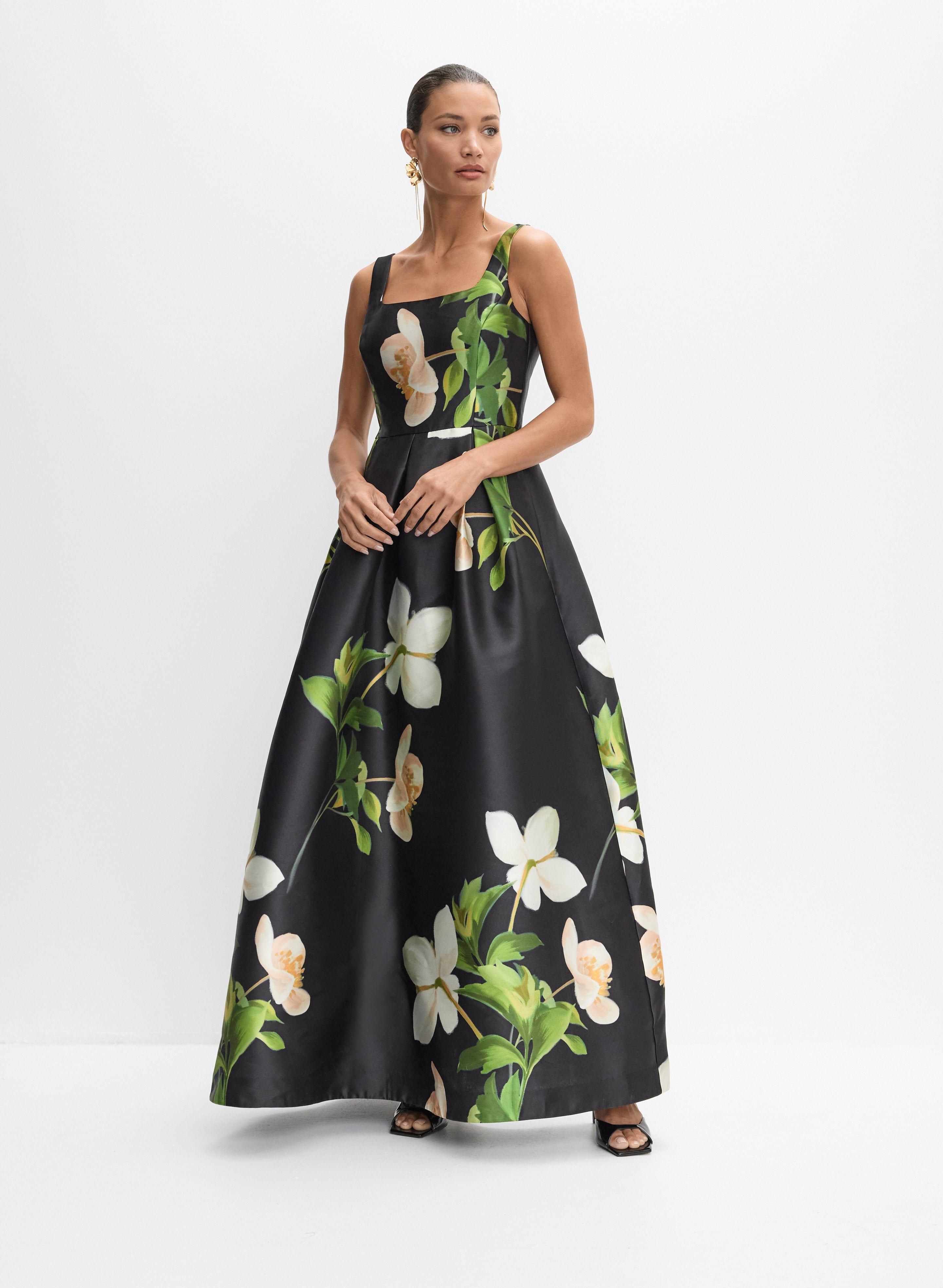 Floral Mikado Gown Black Pattern Front 1