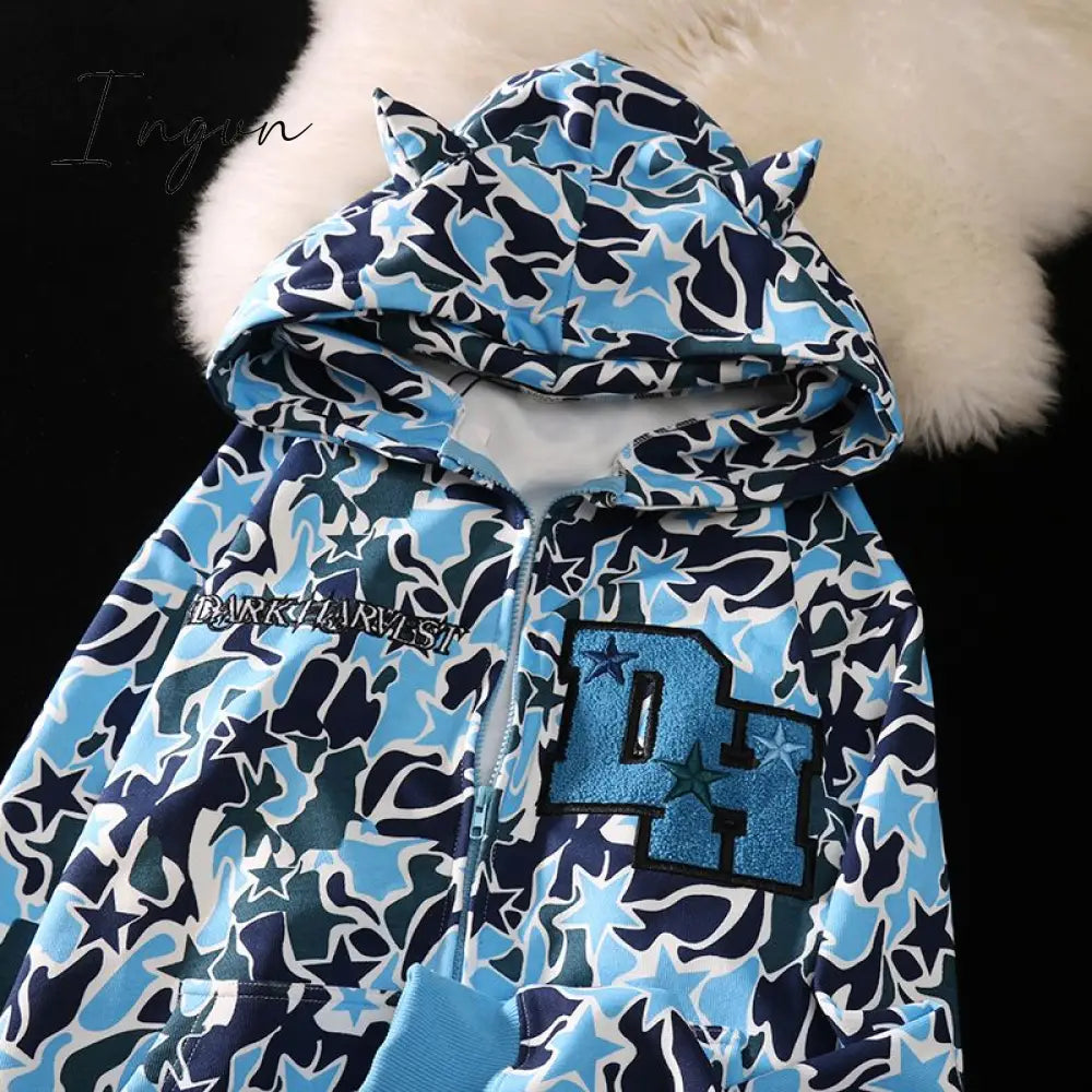 Ingvn - Harajuku Demon Embroidery Hoodies Oversized Camouflage Sweatshirt Gothic Goth Zip Up Hoodie Y2k Clothes Couples Streetwear Women