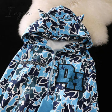 Ingvn - Harajuku Demon Embroidery Hoodies Oversized Camouflage Sweatshirt Gothic Goth Zip Up Hoodie Y2k Clothes Couples Streetwear Women