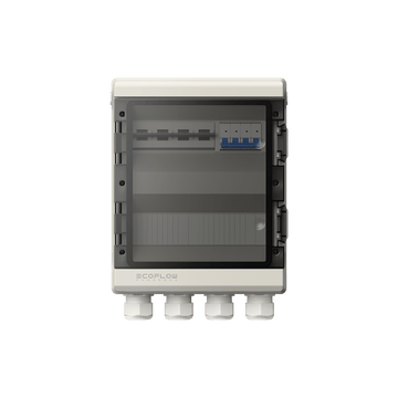Weiße EcoFlow Powerbox mit transparentem Schutzdeckel und integrierten Sicherungsschaltern sichtbar