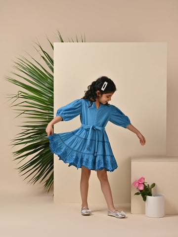 Etoile Puff Sleeves Cotton Slub Girls Dress - Blue Dresses The Tribe Kids 2-3Y