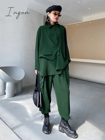 Ingvn - Wide Leg Pants Irregular Big Size Two Piece Suit New Lapel Long Sleeve Loose Fit Women Fashion Spring Autumn