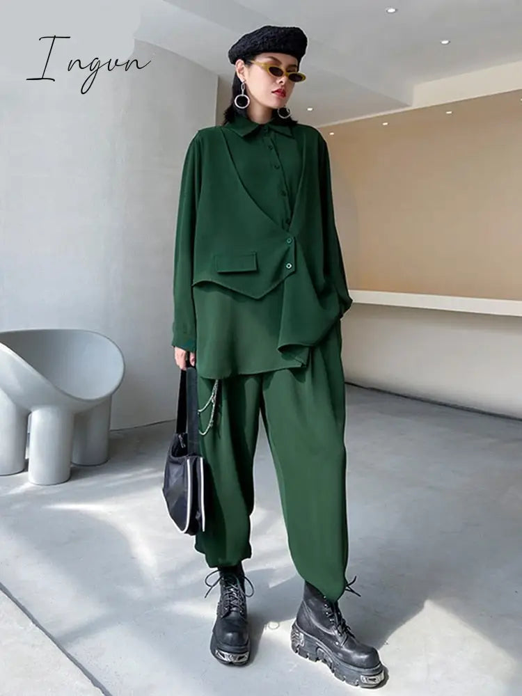 Ingvn - Wide Leg Pants Irregular Big Size Two Piece Suit New Lapel Long Sleeve Loose Fit Women Fashion Spring Autumn