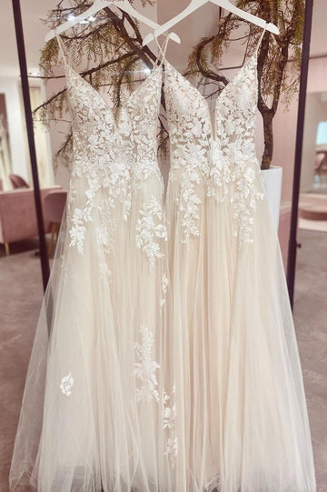 BMbridal Späghetti-Träger V Ausschnitt Hochzeit Dress Ärmellos With Spitze Applikation