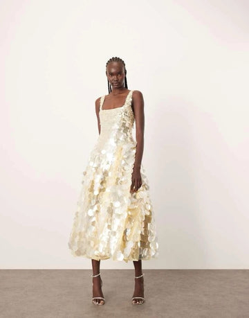 ARRANGE embellished disc sequin square neck full skirt midi dress in lemon by ASOS