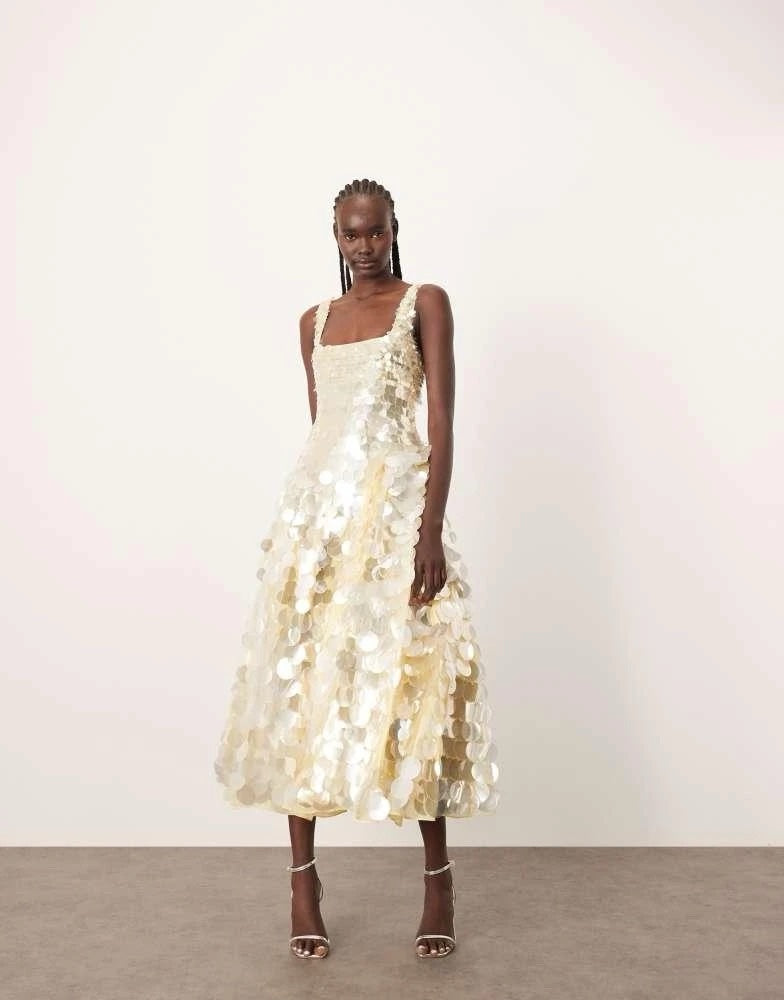 ARRANGE embellished disc sequin square neck full skirt midi dress in lemon by ASOS