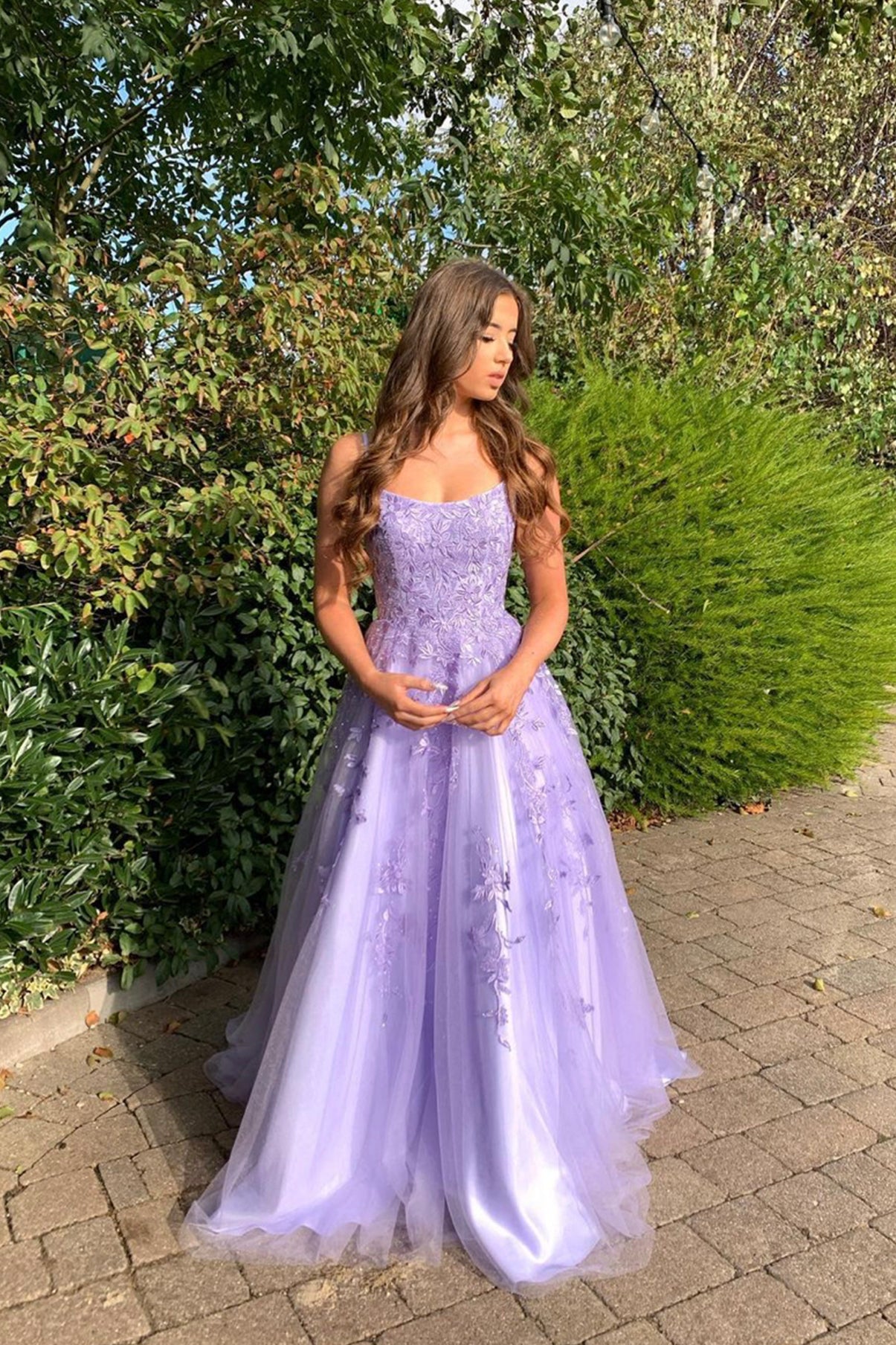 Purple lace long A line prom dress evening dress Us 4